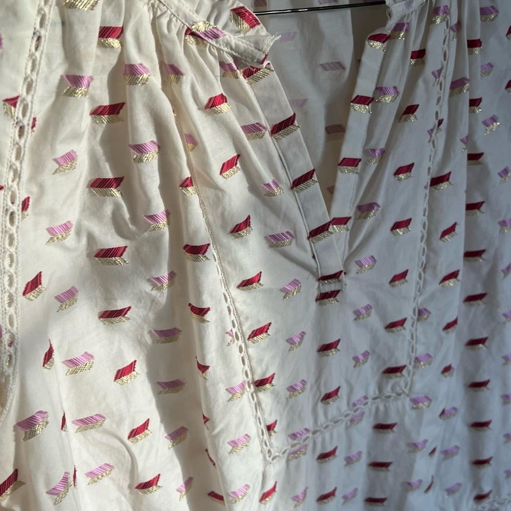 🕶️J.Crew Point Sur Metallic Embroidered Arrow Popover Blouse M pink/red/gold - Picture 7 of 9